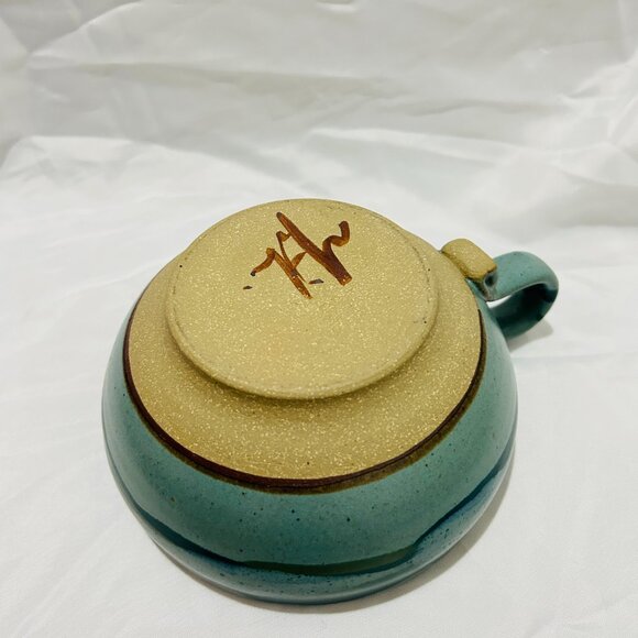 Signed Art Pottery soup mug bowl Teal Blue green glaze Thumb Rest - Picture 9 of 15
